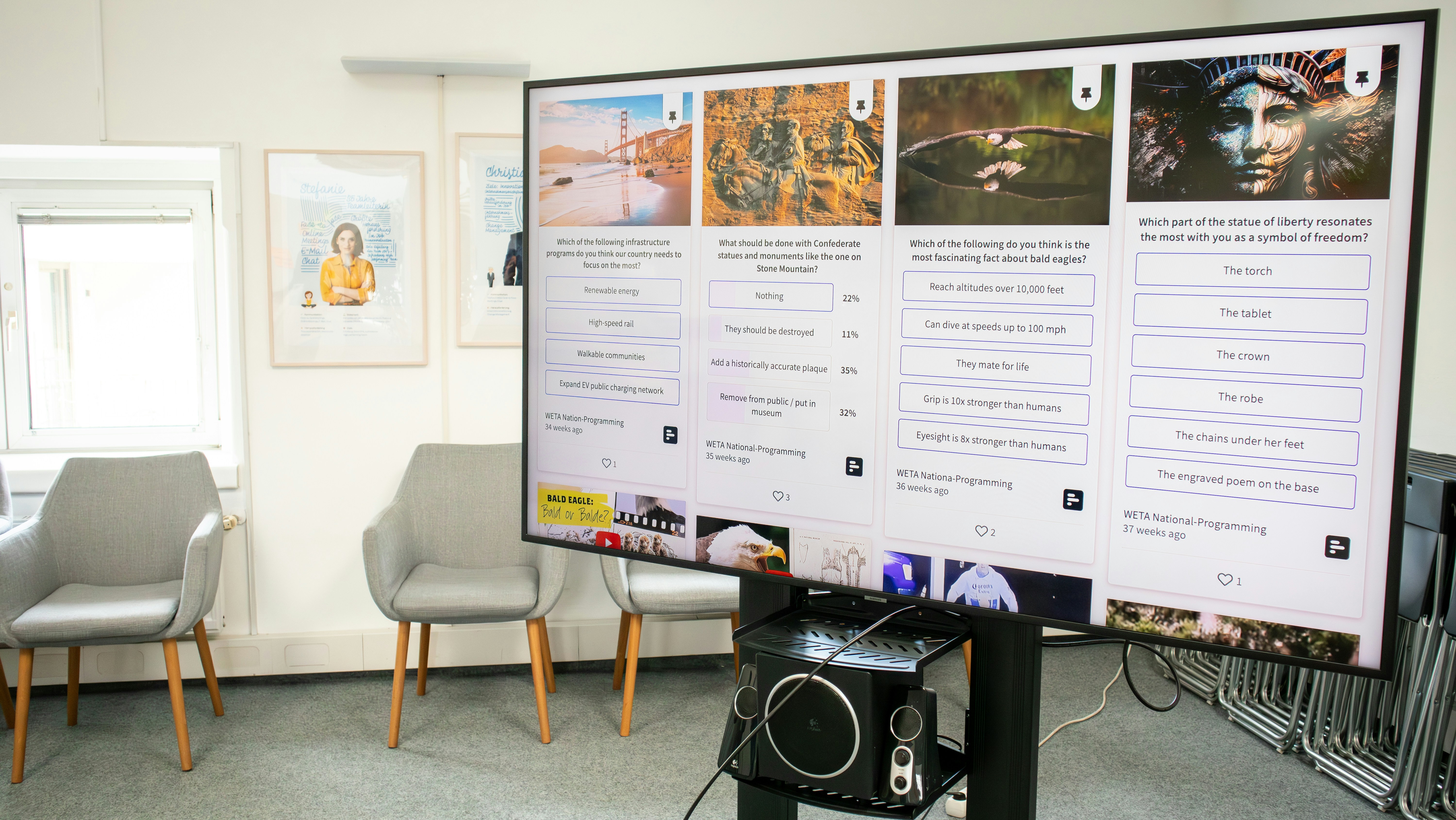 A social wall with live polls on a TV display in a working space by TV Brands a large screen in a room with chairs