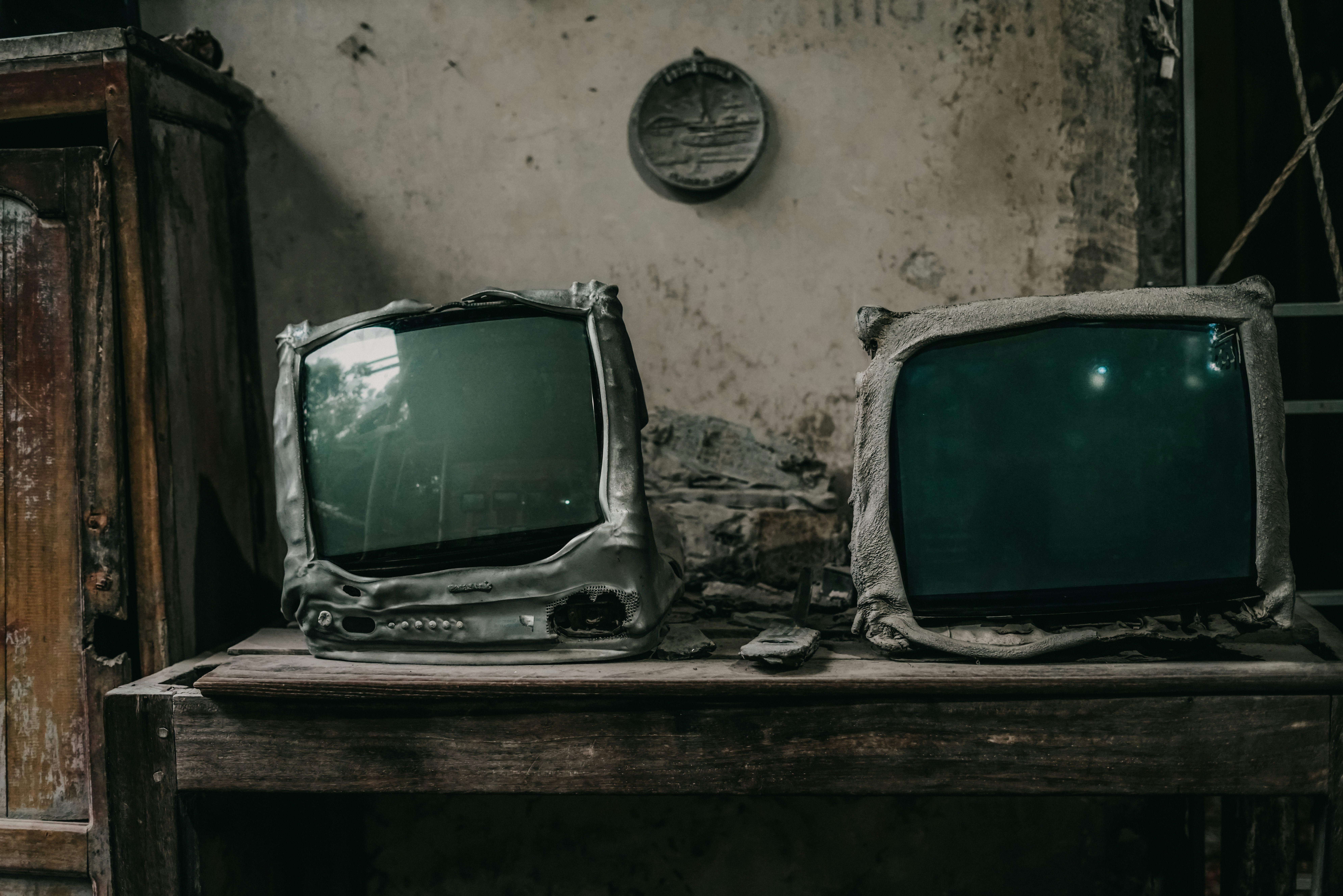 a television on a shelf