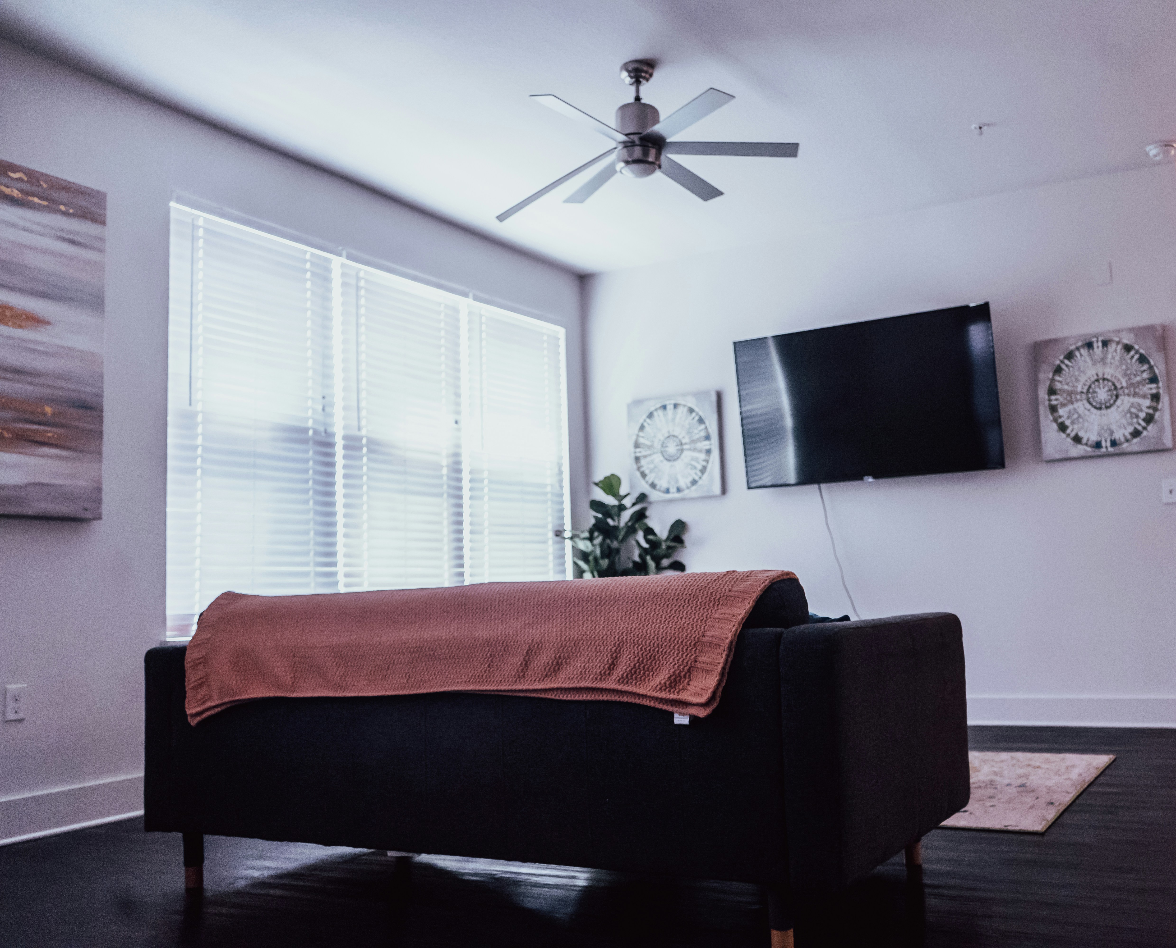 a living room with a black couch and a flat screen tv