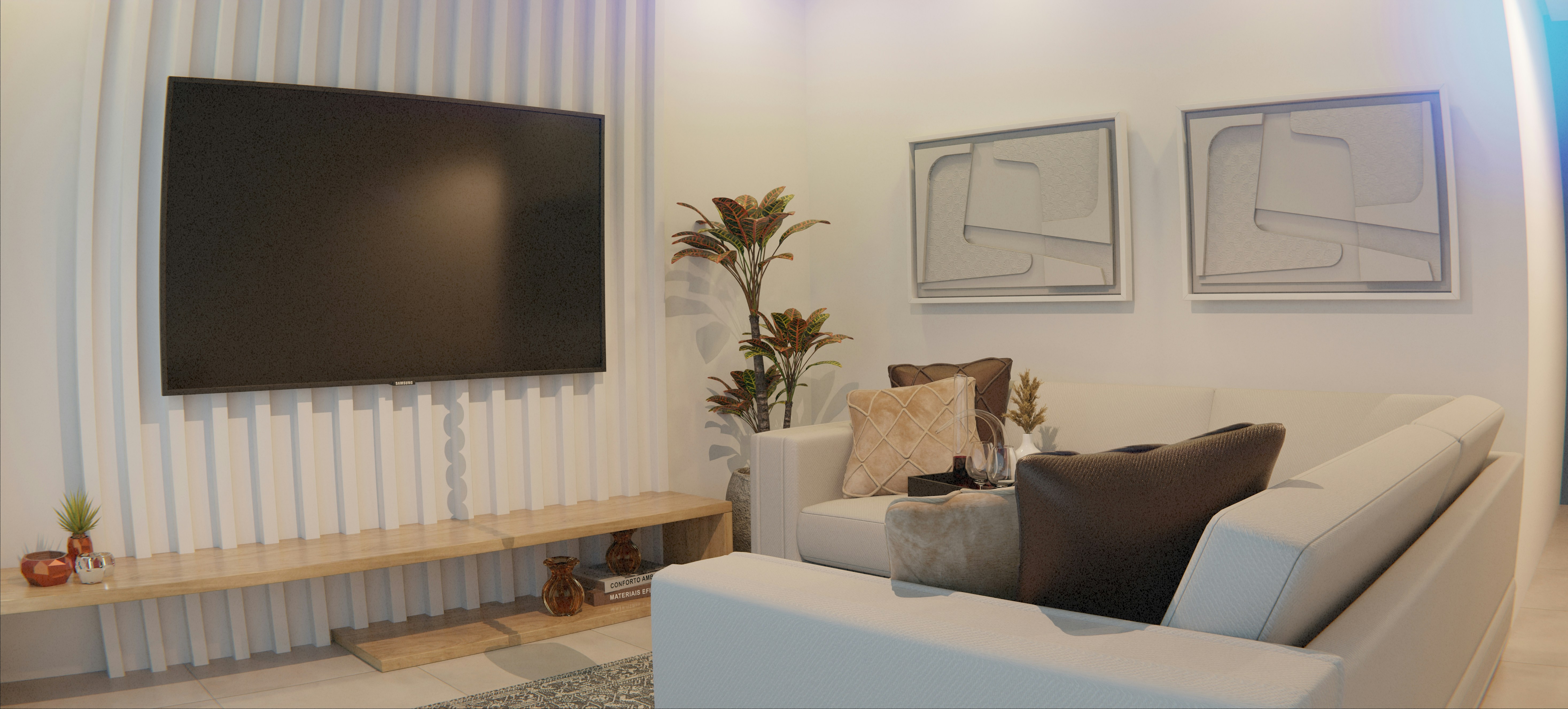 This image captures a beautifully rendered, modern living room with a focus on minimalist design and neutral tones. The composition is dominated by a large, wall-mounted television, which is set against a textured accent wall composed of vertical white wooden slats, lending depth and contemporary flair to the space. Below the television, a low, light-wood shelf serves as a minimalist media console, subtly decorated with small potted plants and ceramic vases. To the right, a plush, light-colored sectional sofa invites relaxation, adorned with various textured throw pillows in shades of cream, b by TV Brands Modern living room with sofa, tv, and artwork.