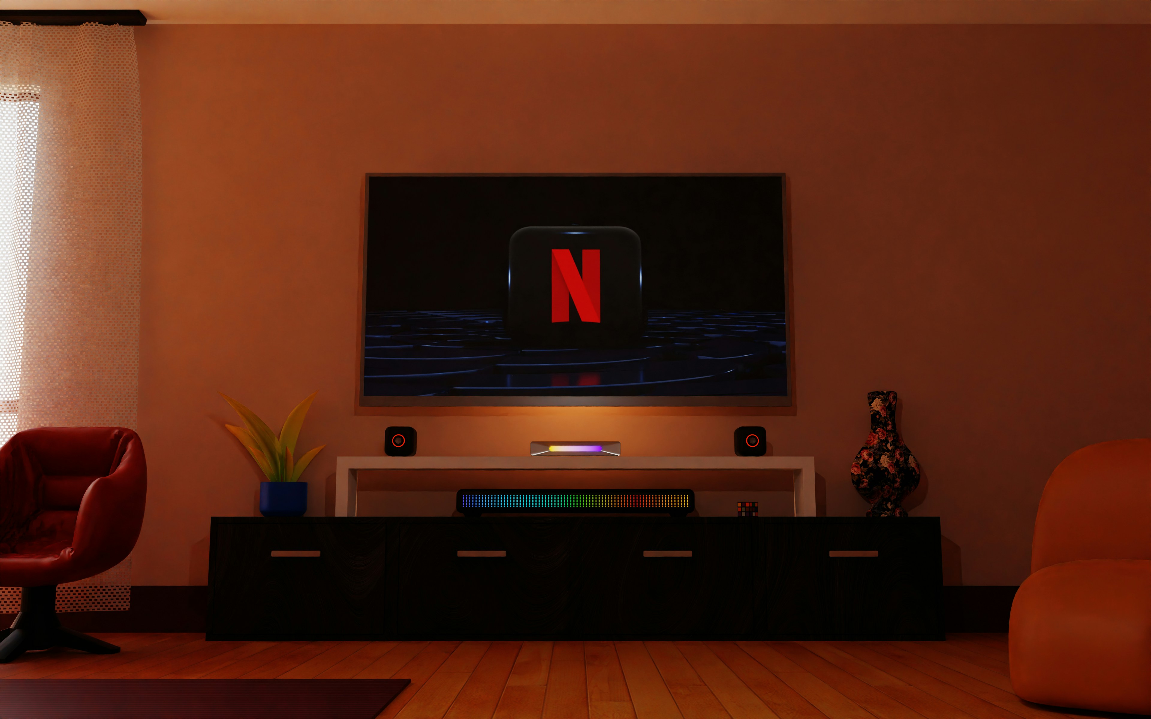 Television, Netflix, Netflix logo, room, living room, entertainment, screen, technology, home, decoration, design, interior, space, relaxation, leisure, rest, streaming, streaming services, TV, flat screen, electronics, electronic devices, gadgets, tech gadgets, electronic gadgets, entertainment gadgets, home gadgets, tech gadgets, streaming gadgets, Netflix gadgets. by TV Brands a flat screen tv sitting on top of a tv stand