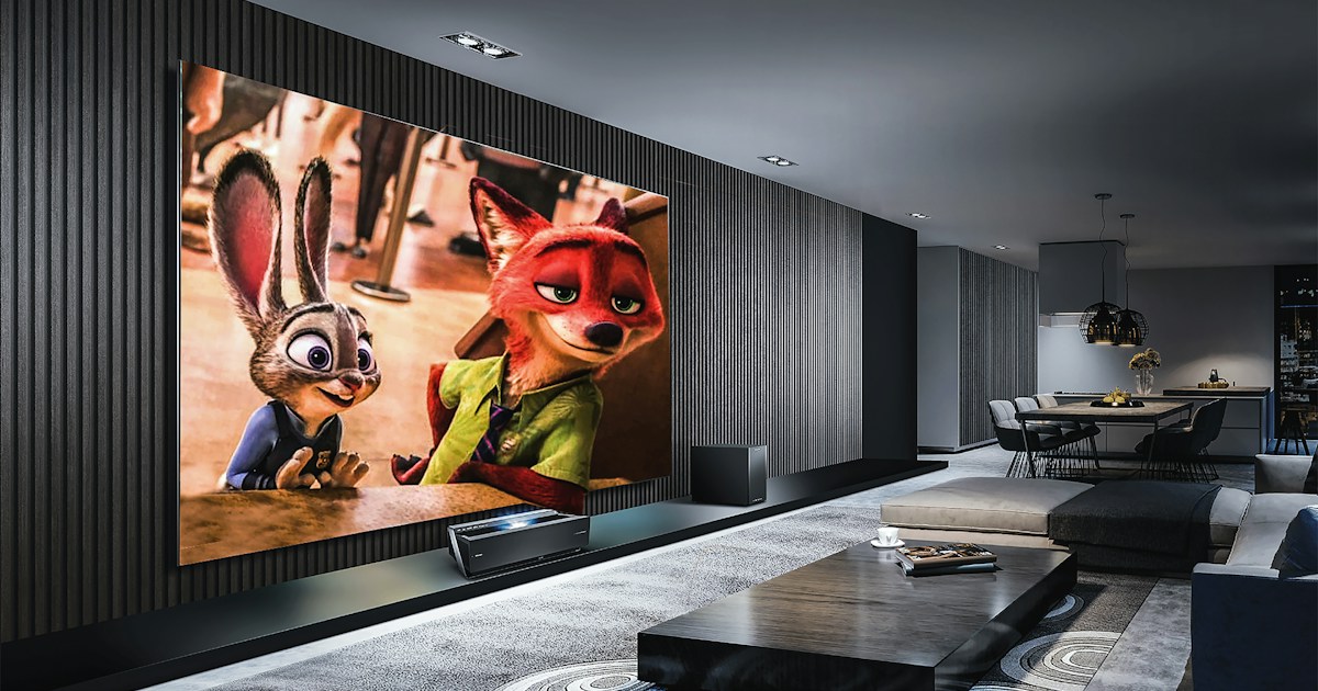 TV & Home Entertainment by TV Brands A large screen displaying an animated rabbit and fox in a modern living room